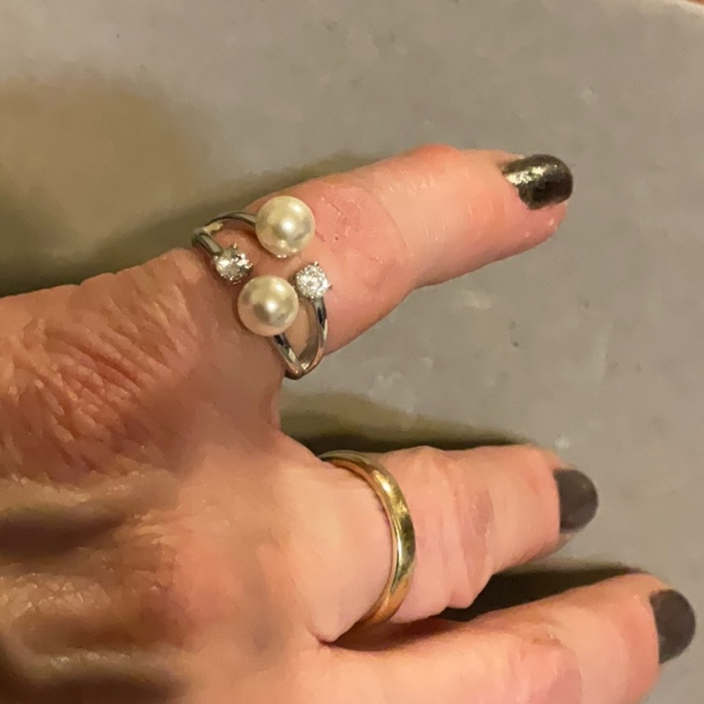 Diamonique Sterling Silver and pearl cuff ring size 6.